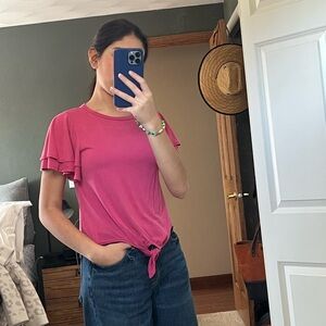 Green Envelope Fuchsia Ruffle Sleeve Tie-Front Tee